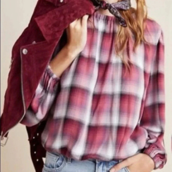 Cloth & Stone Anthropologie Glacier Plaid Elastic Cuff Blouse Raspberry Pink M - Picture 10 of 12